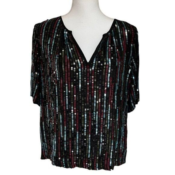 VELVET BY GRAHAM AND SPENCER Multicolor Sequin Short Sleeve Top Medium - Picture 6 of 11